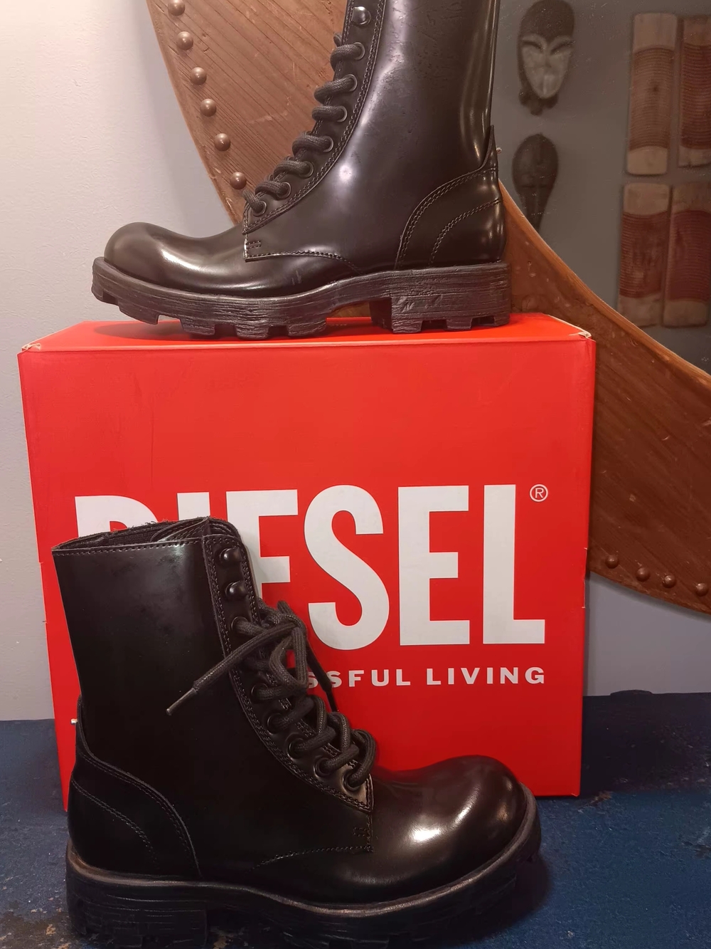 Diesel Black Combat Boots - Shiny Leather Lace-Up